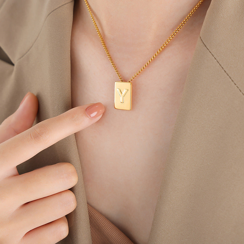 18K romantic personalized square shape necklace with 26 English letters design light luxury style