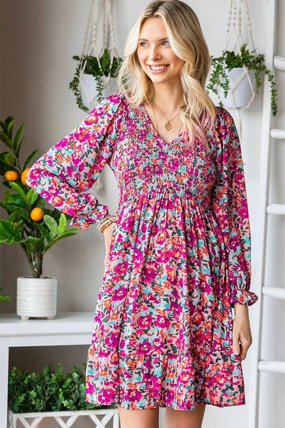 Purple Floral Print Long Sleeve Flounce Hem V Neck Smocked Dress