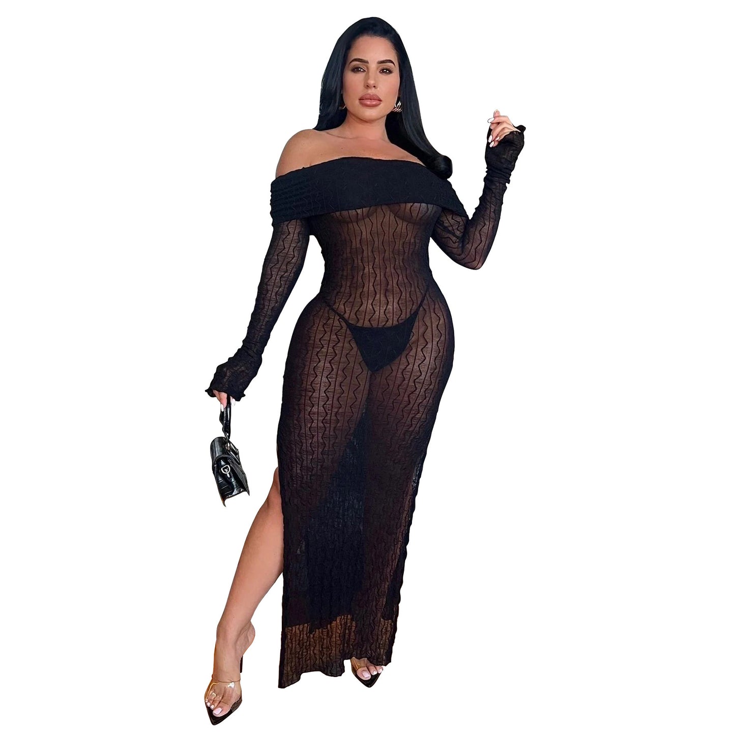 Robe fendue transparente à manches longues et col nu pour femme