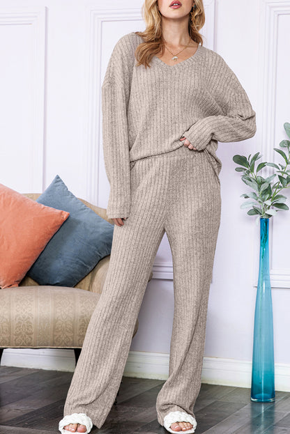 Ensemble haut et pantalon en tricot côtelé ample gris clair à col en V