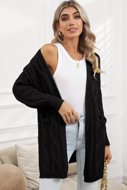 Khaki Ribbed Trim Hollow Knit Side Slits Cardigan