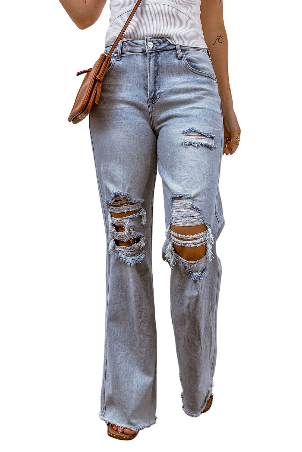 Himmelblaue Distressed-Jeans mit weitem Bein und ungesäumtem Saum in Acid-Waschung