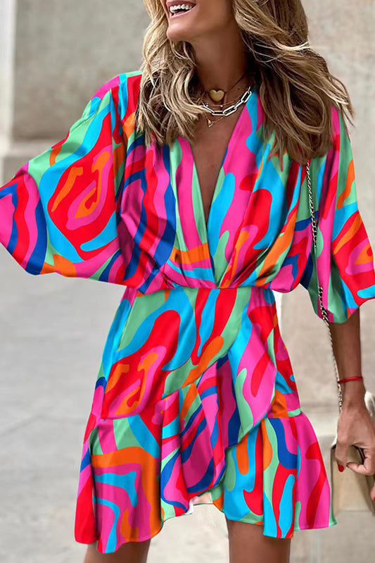 Wholesale Multicolor Abstract Printed V Neck Dolman Sleeve Ruffle Wrap Dress