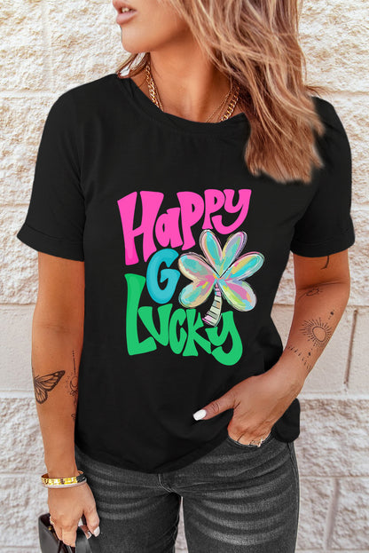 T-shirt noir à col ras du cou avec motif Happy GO Lucky Clover