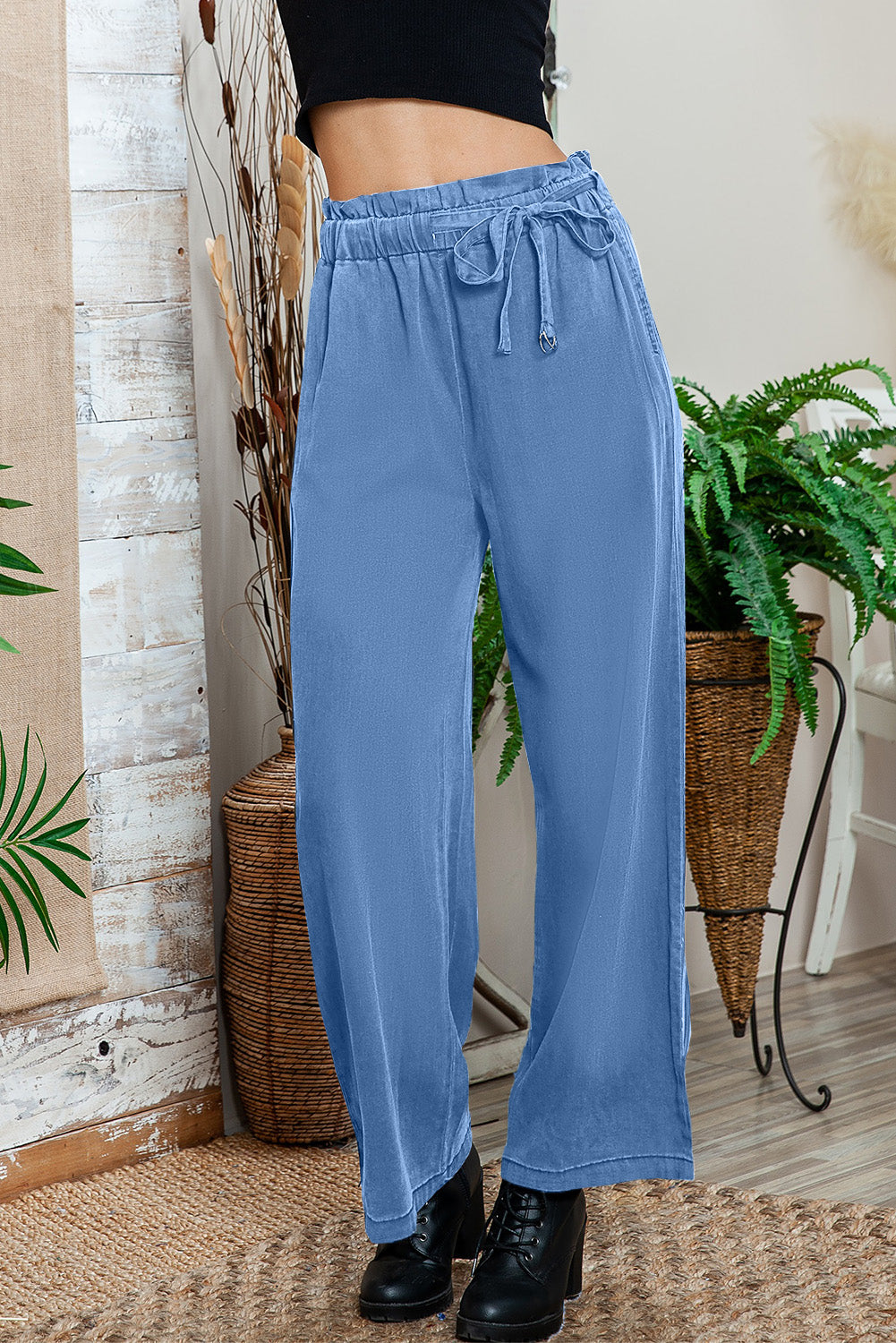 Sky Blue High Waist Pocketed Wide Leg Tencel Jeans