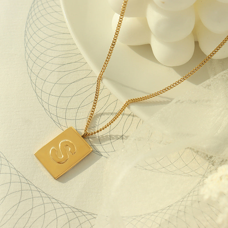 18K gold noble and simple square plate with letter "S" design versatile pendant necklace