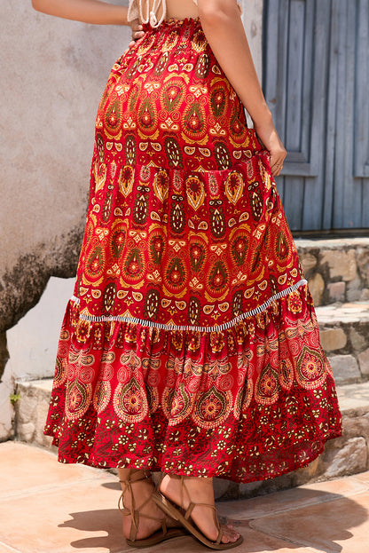 Fiery Red Ethnic Print Big Swing High Waisted Beach Skirt