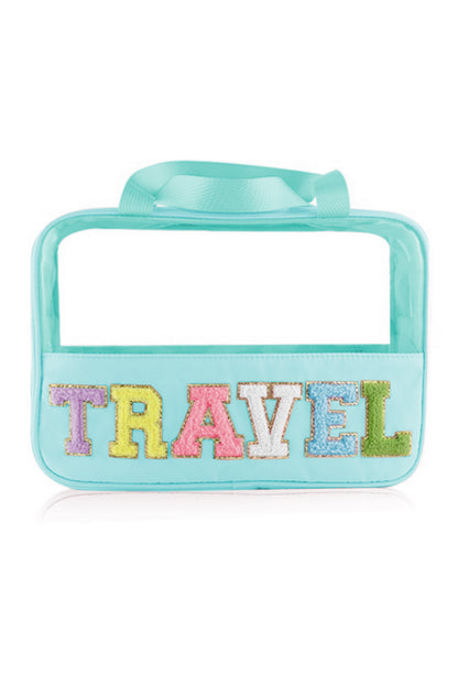 Trousse de maquillage en PVC transparent avec lettre chenille TRAVEL vert menthe