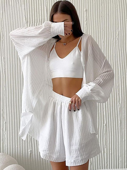 Women's Fashion Casual Long Sleeve Cardigan Shorts Suit