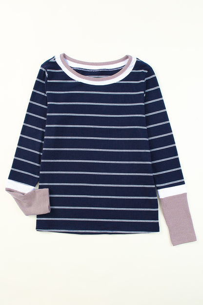 Dark Blue Striped Spliced Color Block Rib Knit Top