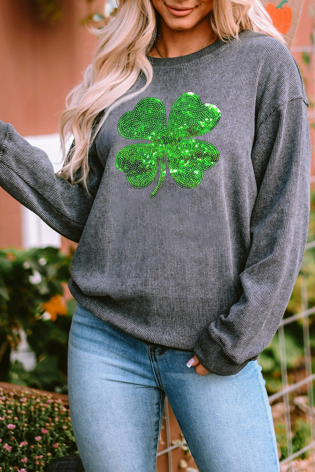 Sweat-shirt filaire gris à paillettes St Patrick Clover Graphic