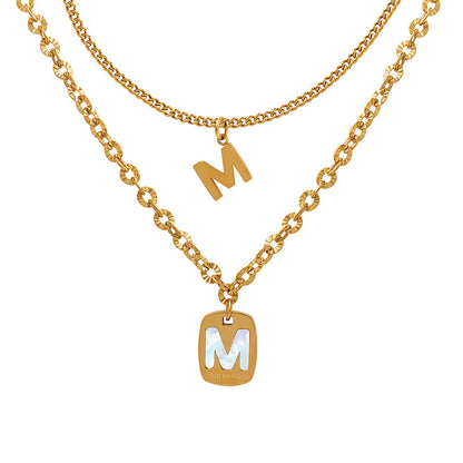 18K Gold Exquisite Letter M Square Plate Hollow Design Pendant Necklace