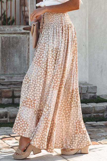 Apricot Boho Flower Print Smocked Waist Button Slit Maxi Skirt