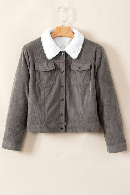 Gray Corduroy Sherpa Snap Button Flap Jacket