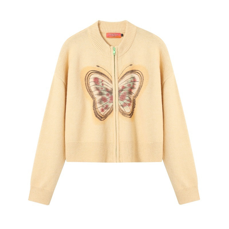 Cardigan tricoté imprimé papillon pour fille, pull décontracté, haut ample