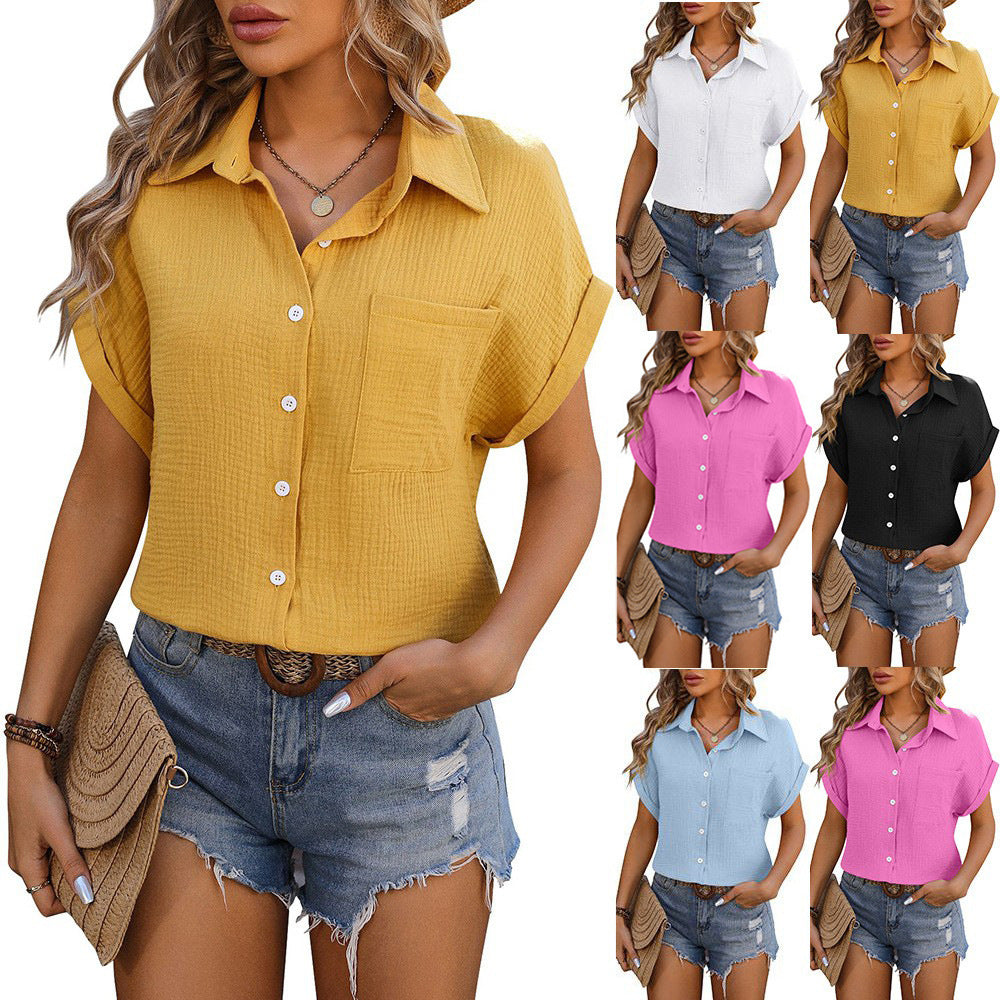 Women's Loose Short Sleeve Pocket Casual Champray Shirt