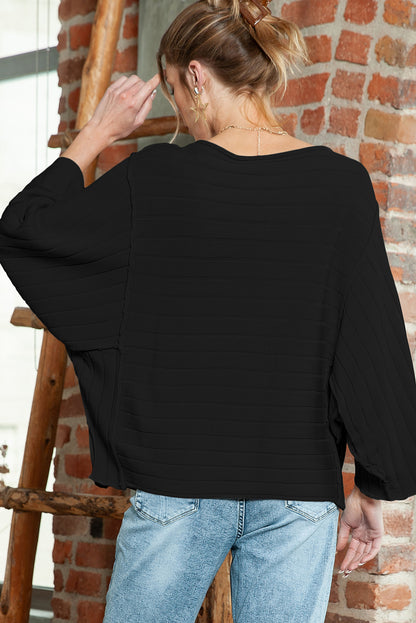 Pull Dolman noir en tricot côtelé à manches 3/4