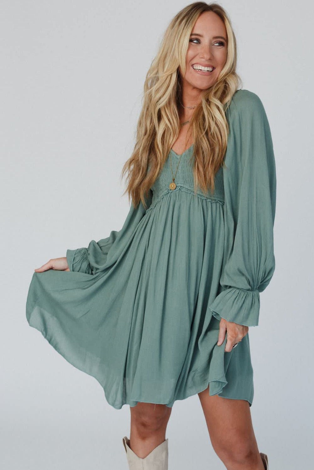 Mist Green Smocked Ruffled Bubble Sleeve Flowy Mini Dress