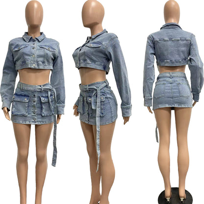 Costume élégant de jupe de manteau en denim lavé multi-poches pour femmes