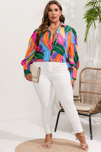 Multicolor Abstract Print Puff Sleeve Plus Size Shirt