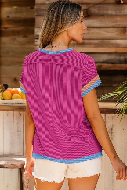 Bright Pink Textured Contrast Color Round Neck T Shirt