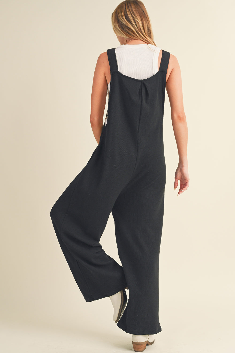 Black Textured Adjustable Straps Ruched Wide Leg Jumpsuit