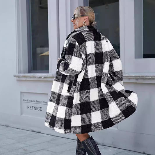 Women's Lapel Long Sleeve Non-buckle Plaid Long Coat