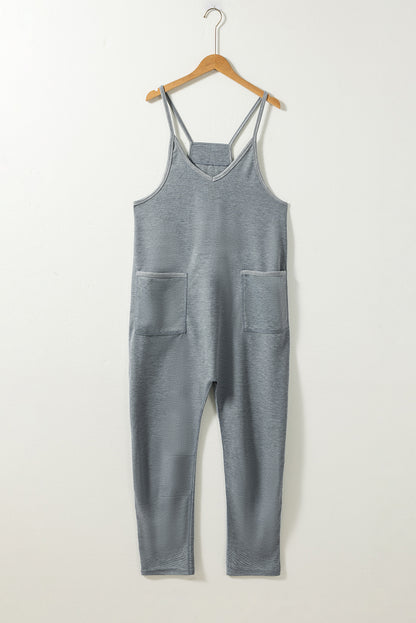 Gray Waffle Knit Spaghetti Strap Pocketed Jumpsuit