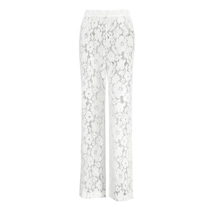 Pantalon évasé transparent en dentelle de coton blanc jacquard taille haute décontractée