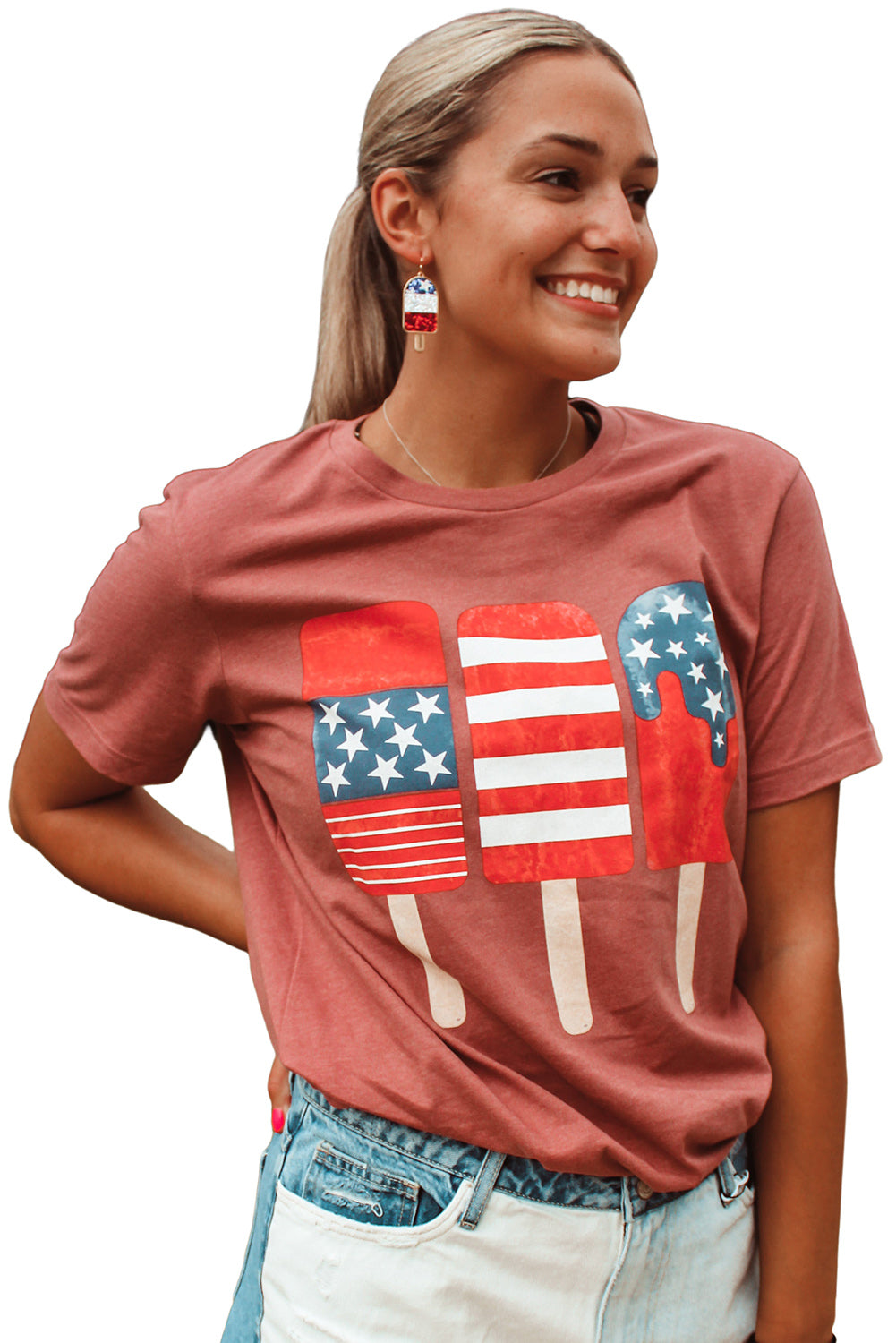 Red American Flag Popsicles Patterned Crew Neck Patriotic T Shirt