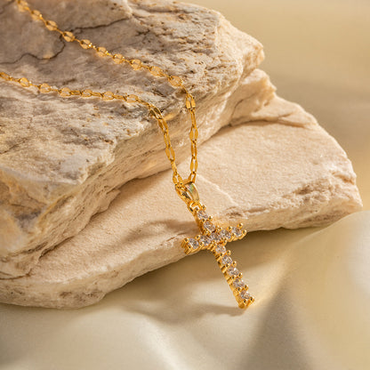 18K Gold Exquisite Simple Inlaid White Zircon Cross Design Versatile Pendant Necklace