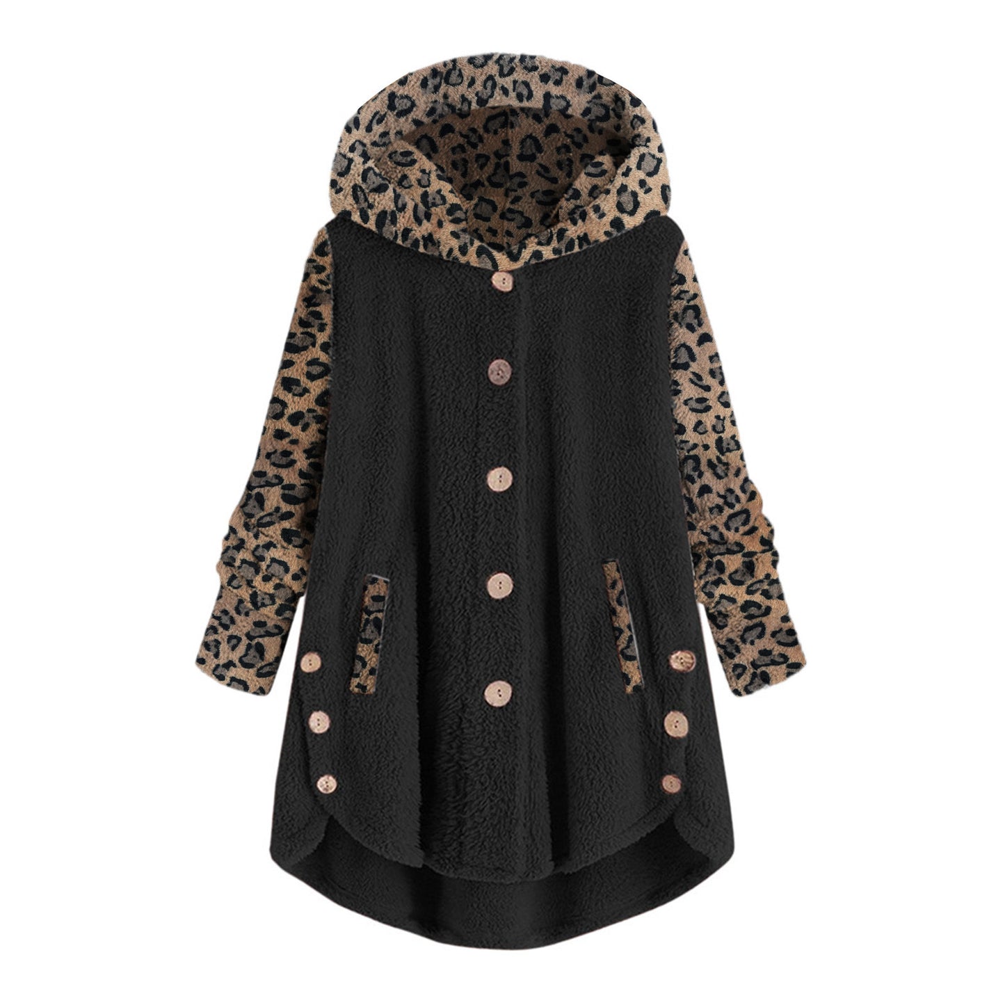 Autumn And Winter Button Long Sleeve Leopard Splicing Hooded Plush Coat For Women