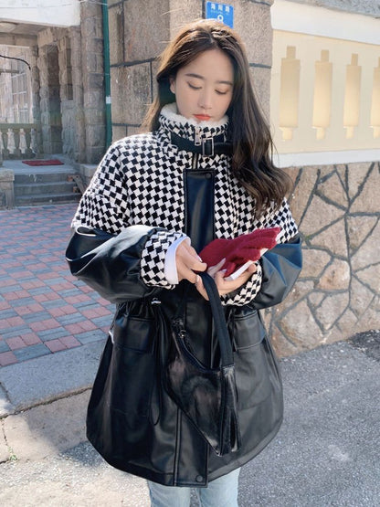 Veste matelassée en coton et cuir PU à carreaux avec doublure polaire et coutures amples