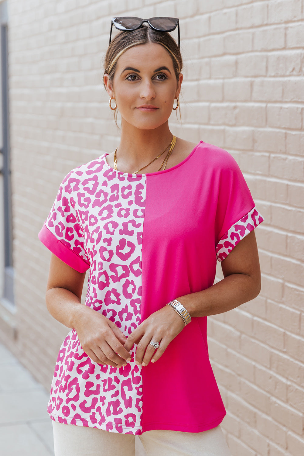 Rosy Leopard Print Top Color Block Rolled Up Sleeve Casual T Shirt