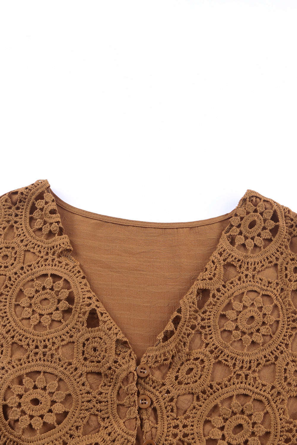 Brown Lace Crochet Buttoned V Neck Babydoll Top