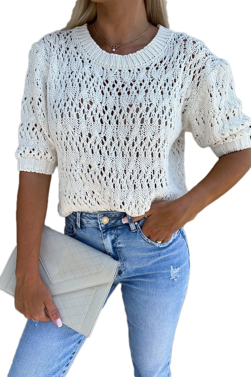 White Hollow Out Knit Round Neck Puff Sleeve T-shirt