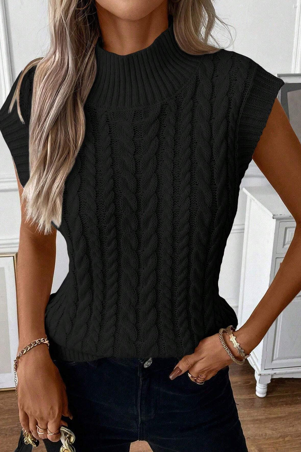 Oatmeal Ribbed Trim High Neck Cable Knit Sweater Vest