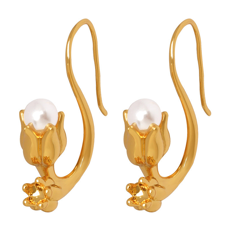 Tulipes nobles et à la mode en or 18 carats avec boucles d'oreilles luxueuses au design perlé