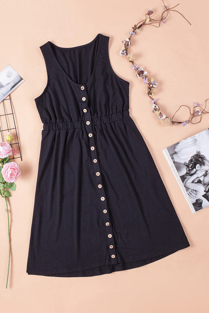 Button Front Shirred Waist Casual Tank Summer Black Dress