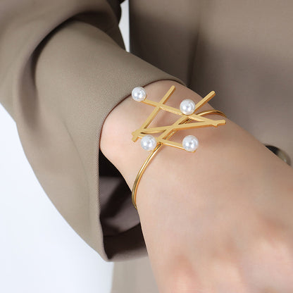 18k gold exaggerated geometric shape inlaid with pearls design simple style ring bracelet set