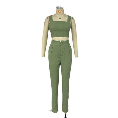 Einfarbiges, kurzes Crop-Top, Spaghettiträger-Top, Hose mit hoher Taille, zweiteiliges Set