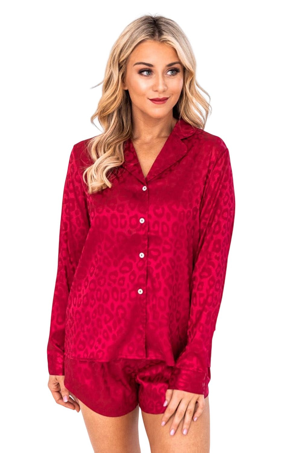 Feuriges rotes 2-teiliges Lounge-Set aus Satin-Langarmoberteil und Shorts mit Leopardenmuster