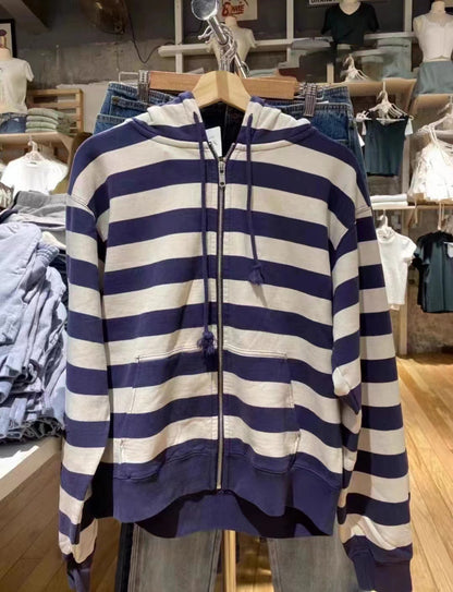 New Mixed Color Stripe Zipper Hooded Cardigan Women's Long Sleeve Jacket Top