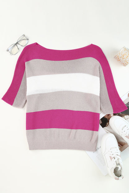 Rose Contrast Stripe Half Sleeve Knit Top