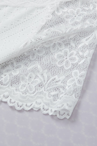 White V Neck Lace Splicing Eyelet Blouse