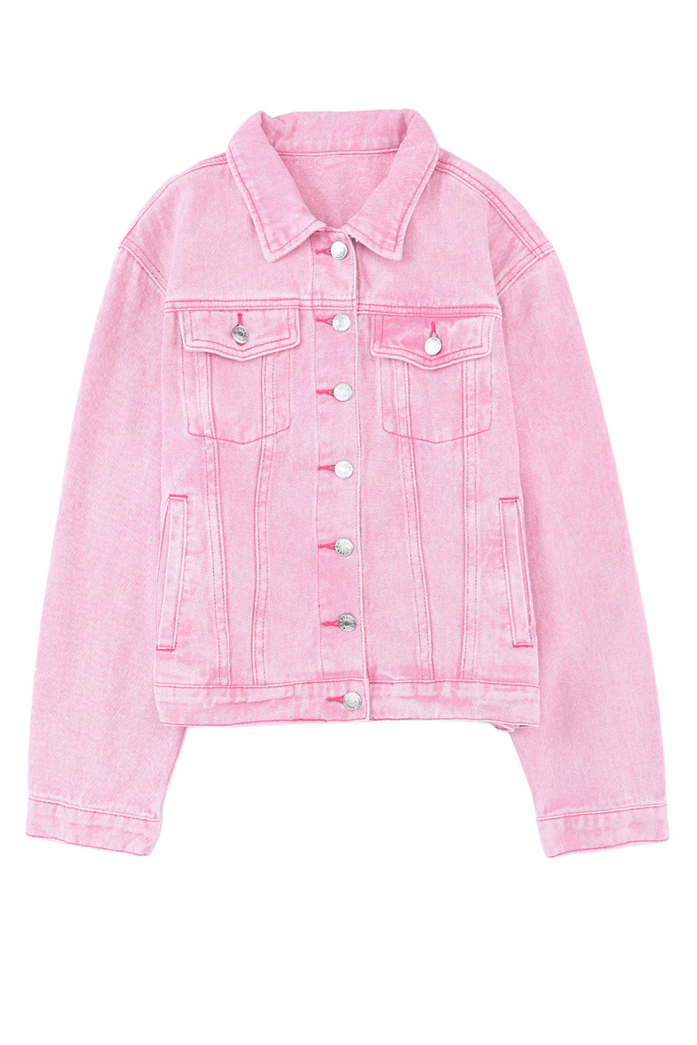 Pink Light Wash Flap Pockets Button Up Denim Jacket