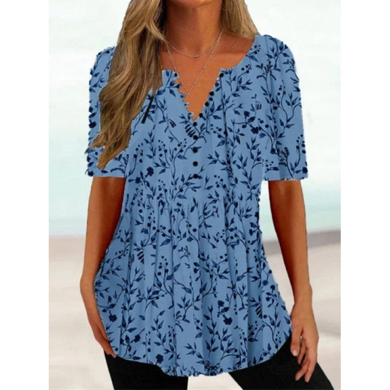 Women's Digital Printed V-neck Button Short-sleeved Top