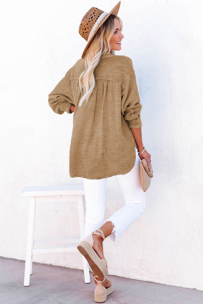 Brown Loose Crinkle Button V Neck Henley Top