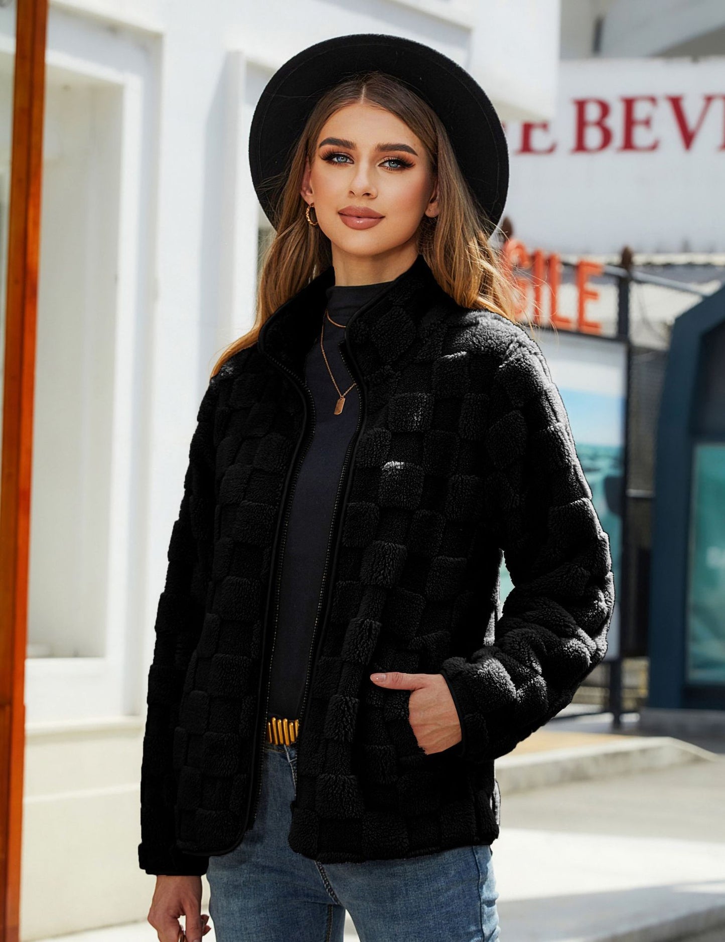 Stehkragen Plüschjacke Winter Langarm Loose Zipper Cardigan Mode Einfarbig Schachbrett Design Mantel Damen Oberbekleidung