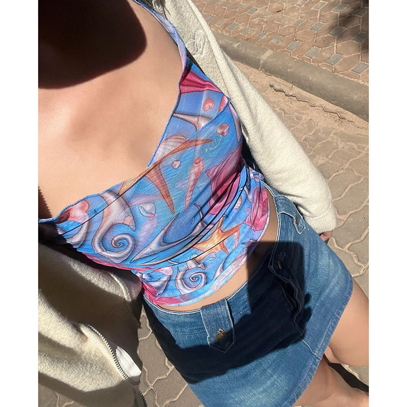 Sexy Trägertop aus Tüll mit Print im Urlaubsstil für Damen